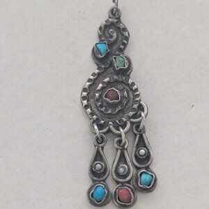 Vintage Mexico 925 Sterling Silver Turquoise Red Coral Pendant